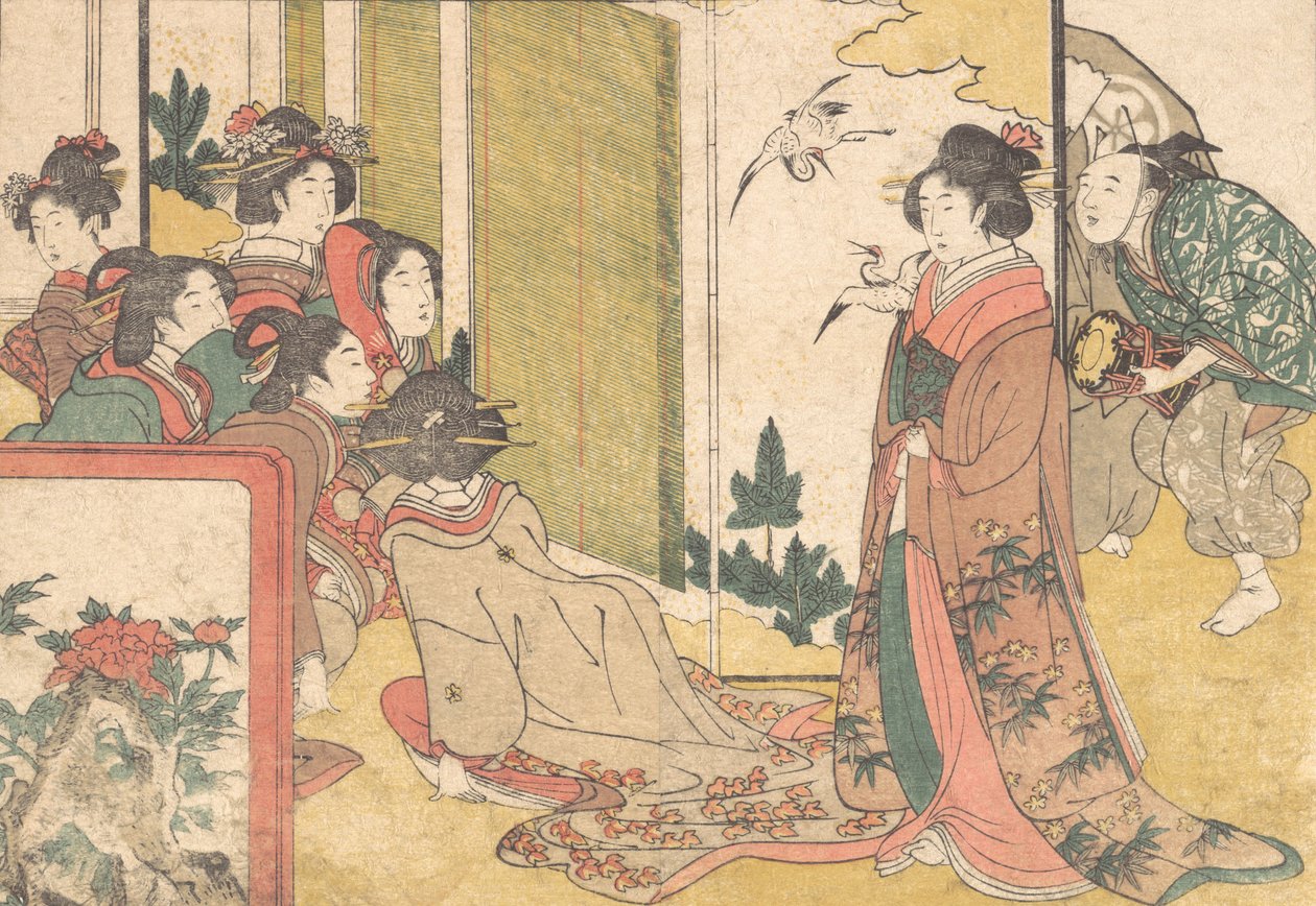 Esiintyjien viihdyttämiä tyttöjä kuvitetusta kirjasta Flowers of the Four Seasons, 1801. tekijältä Kitagawa Utamaro