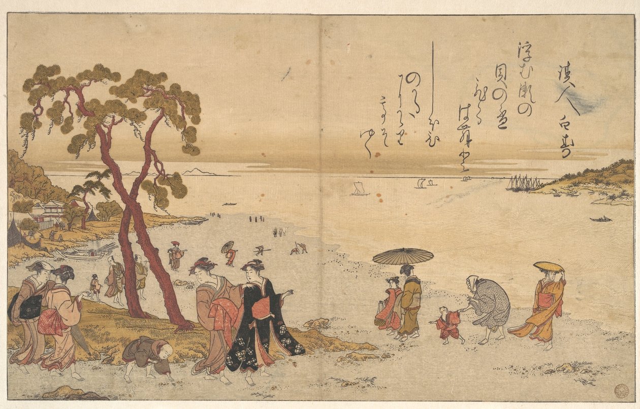 Tytöt keräävät simpukoita merenrannalla tekijältä Kitagawa Utamaro