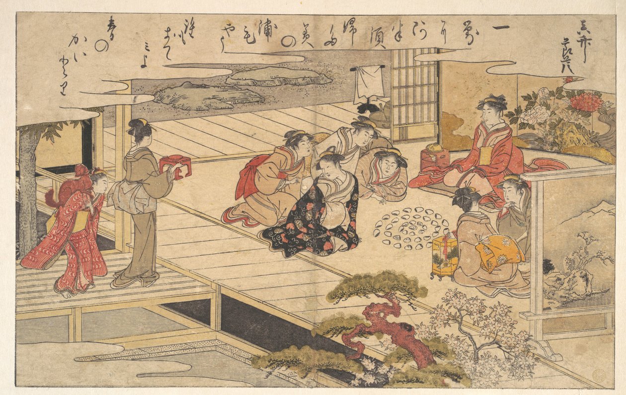 Tytöt pelaavat peliä simpukoilla tekijältä Kitagawa Utamaro