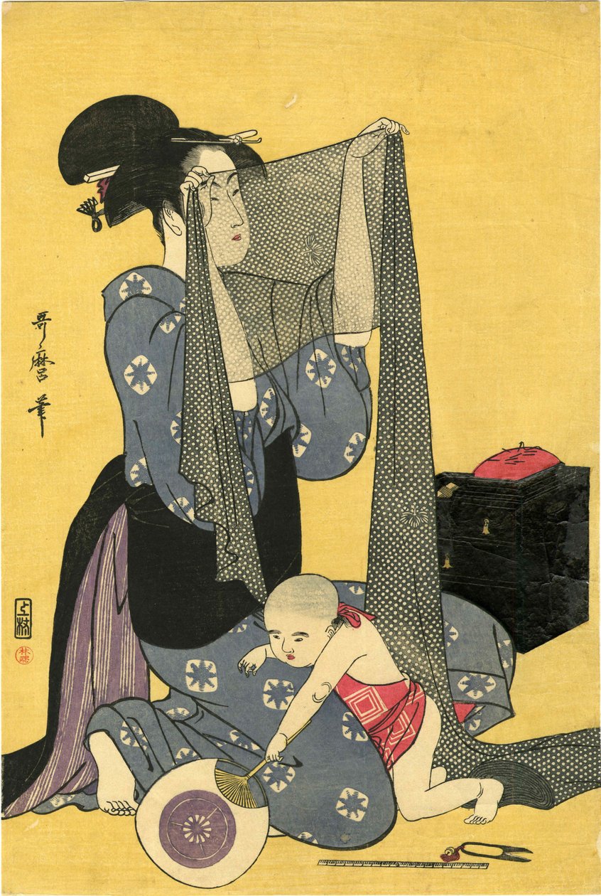 Hari-shigoto käsityö. Triptyykki, vasen osa, 1795. tekijältä Kitagawa Utamaro