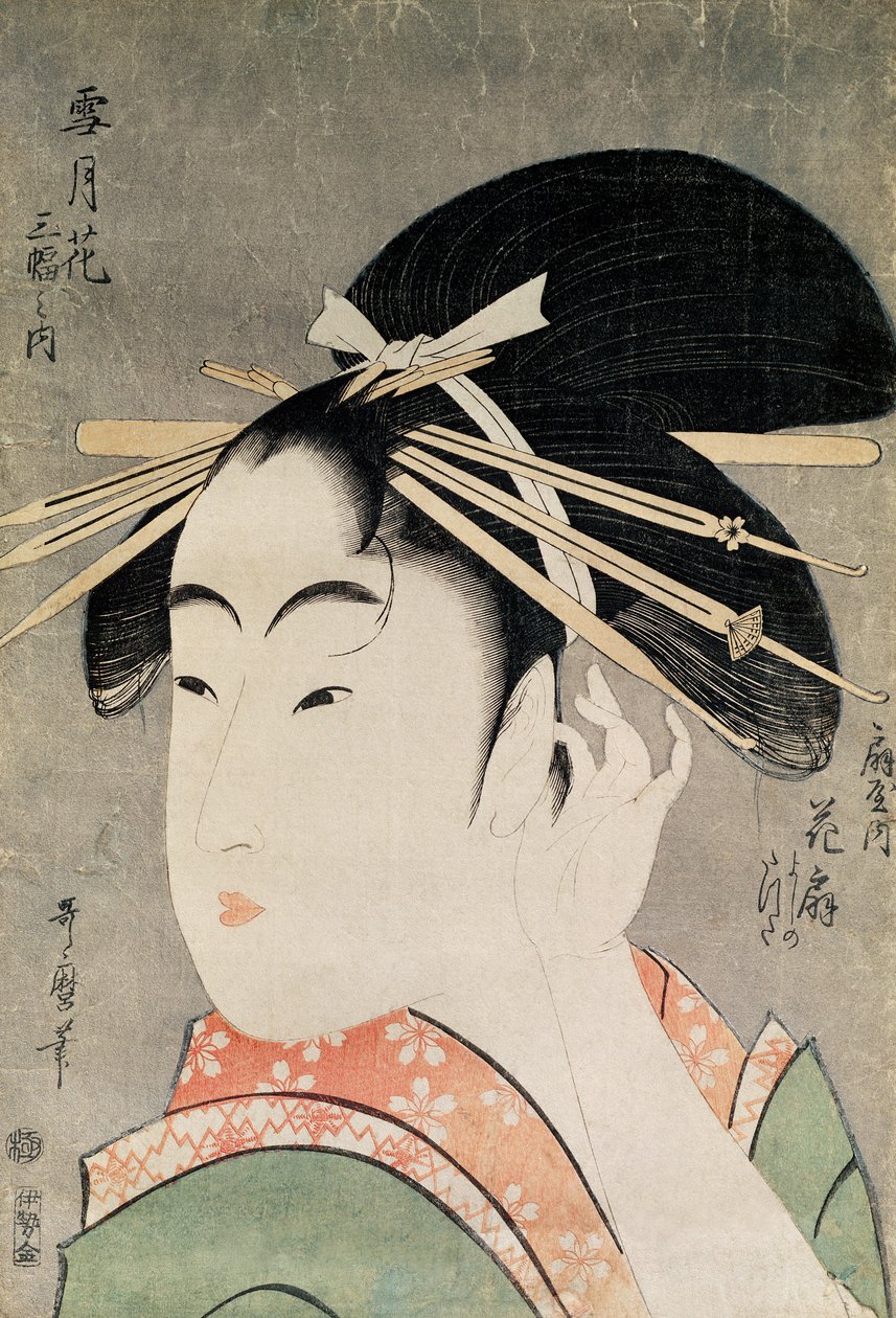 Naisen pää (värillinen puupalikkaprintti) tekijältä Kitagawa Utamaro