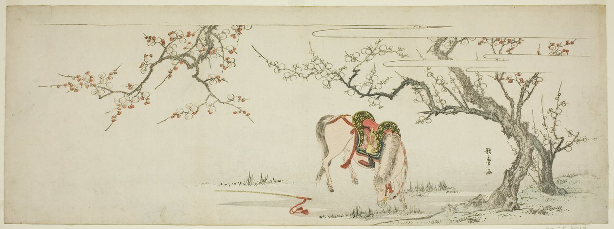 Hevonen kukkivan luumupuun alla tekijältä Kitagawa Utamaro