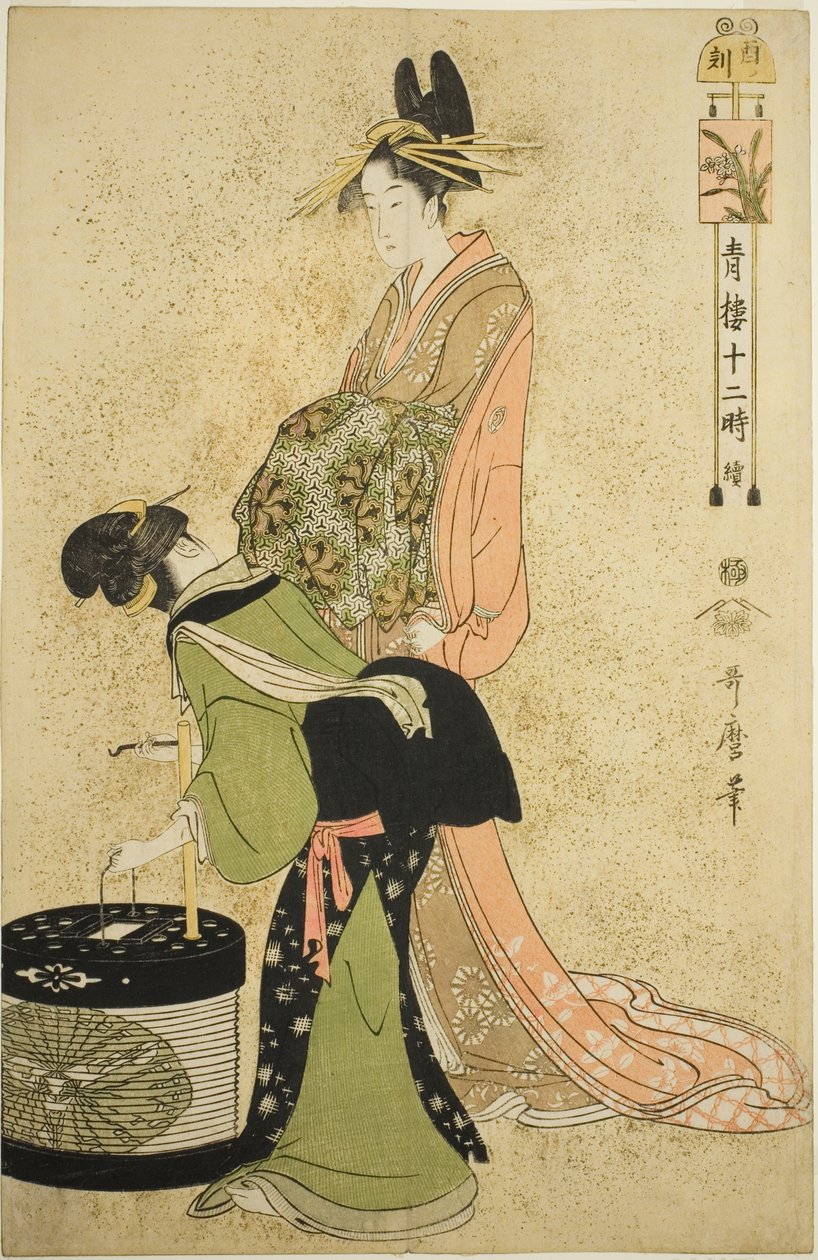Hour of the Cock (Tori no koku), sarjasta "Twelve Hours in Yoshiwara (Seiro juni toki tsuzuki)" tekijältä Kitagawa Utamaro