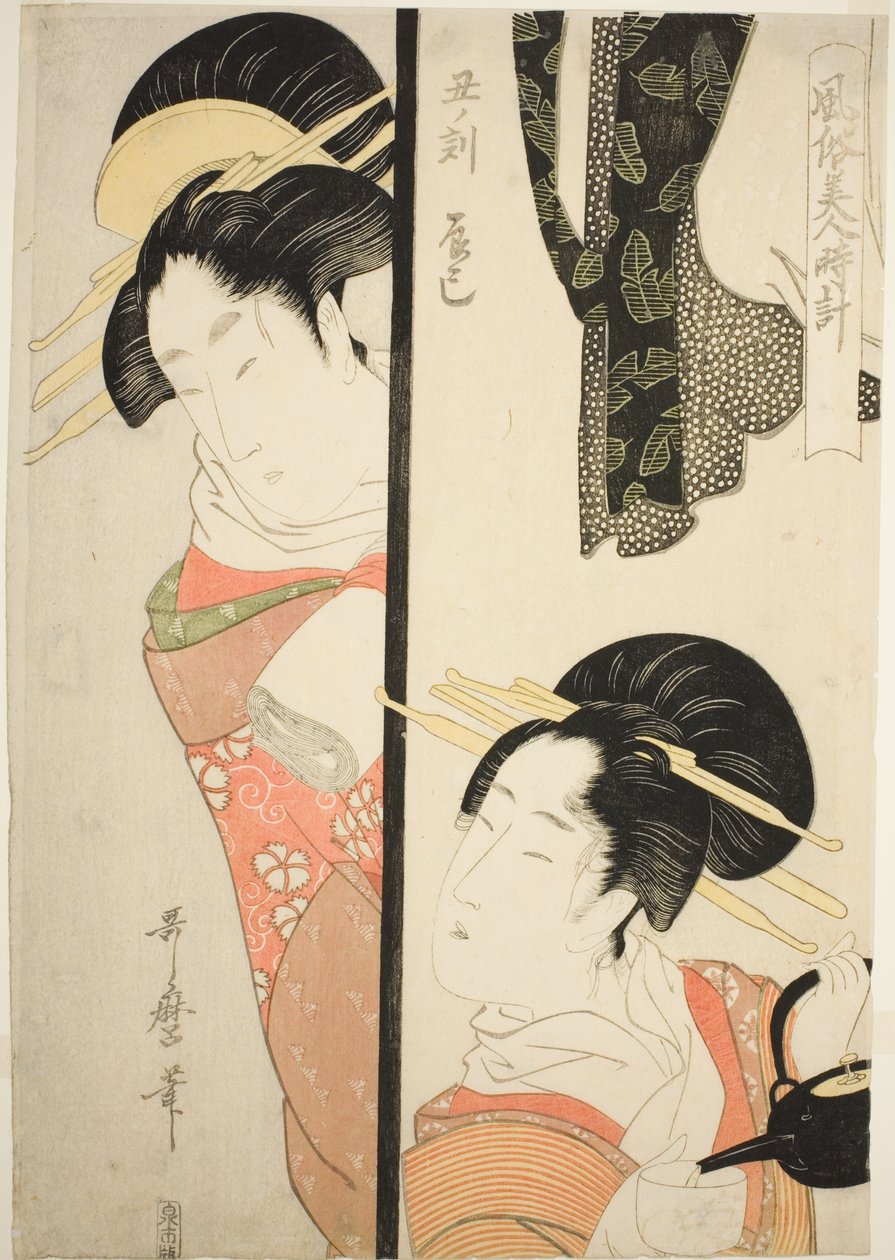 Hour of the Ox (Ushi no koku) Fukagawa Pleasure Quarter (Tatsumi), sarjasta "Kauneuden tavat ympäri vuorokauden (Fuzoku bijin tokei)" tekijältä Kitagawa Utamaro