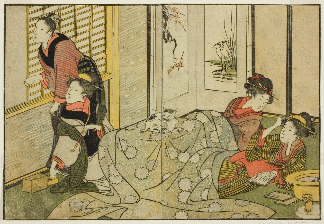 Sisustuskohtaus lumisena päivänä, kuvitetusta kirjasta "Picture Book: Flowers of the Four Seasons (Ehon shiki no hana)," voi. 2 tekijältä Kitagawa Utamaro