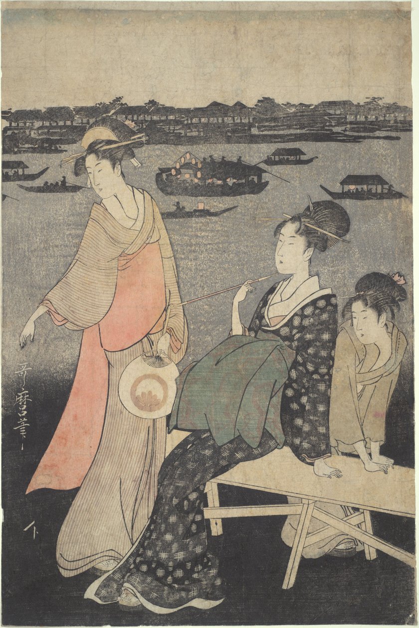 Kawabiraki-yöfestivaali: Näkymä Sumida-joelle tekijältä Kitagawa Utamaro