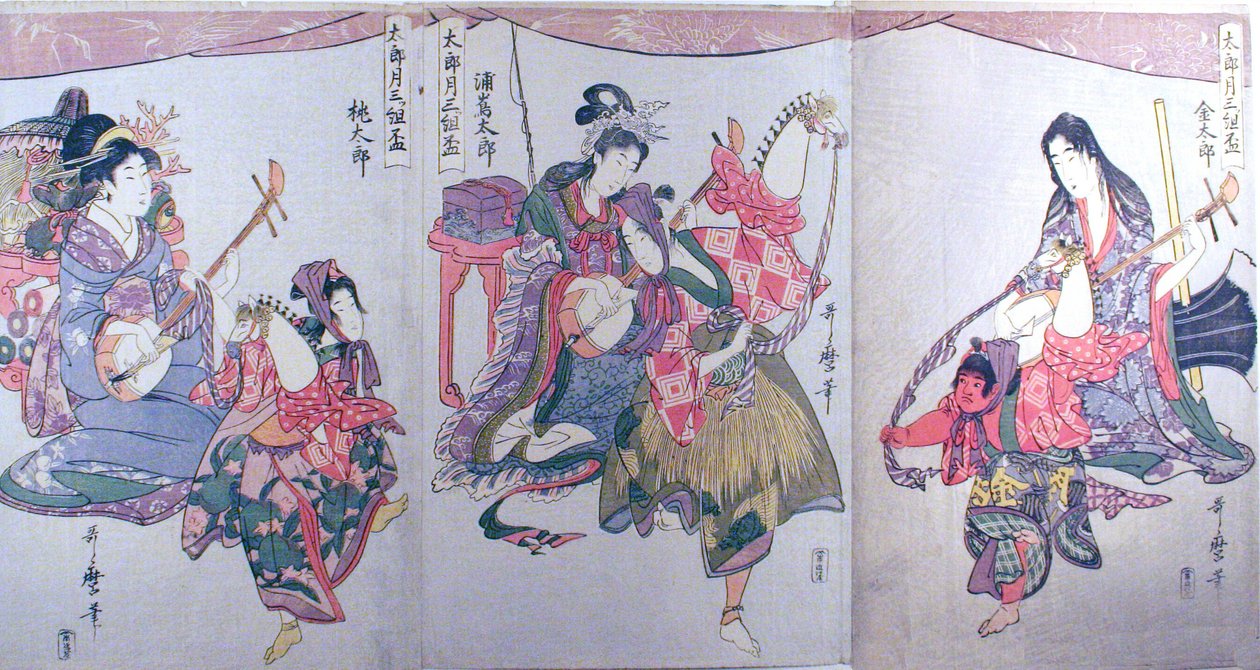 Kintaro, Urashimataro ja Momotaro, triptyykistä "Kolmen sake-kupin sarja ensimmäistä kuukautta varten (Tarozuki mitsugumi sakazuki)". tekijältä Kitagawa Utamaro