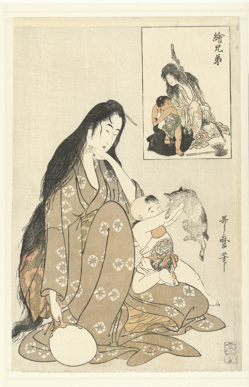 Kintoki ja Yamauba Kuvia sisaruksista (sarjan nimi) E kyodai (sarjan nimi esineellä) tekijältä Kitagawa Utamaro