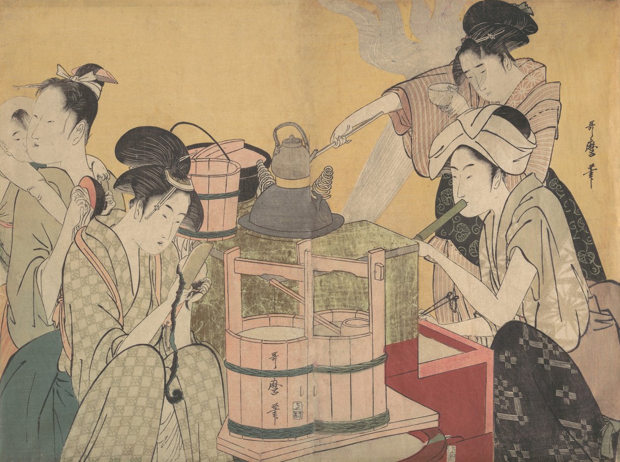 Keittiökohtaus, n. 1794-95. tekijältä Kitagawa Utamaro