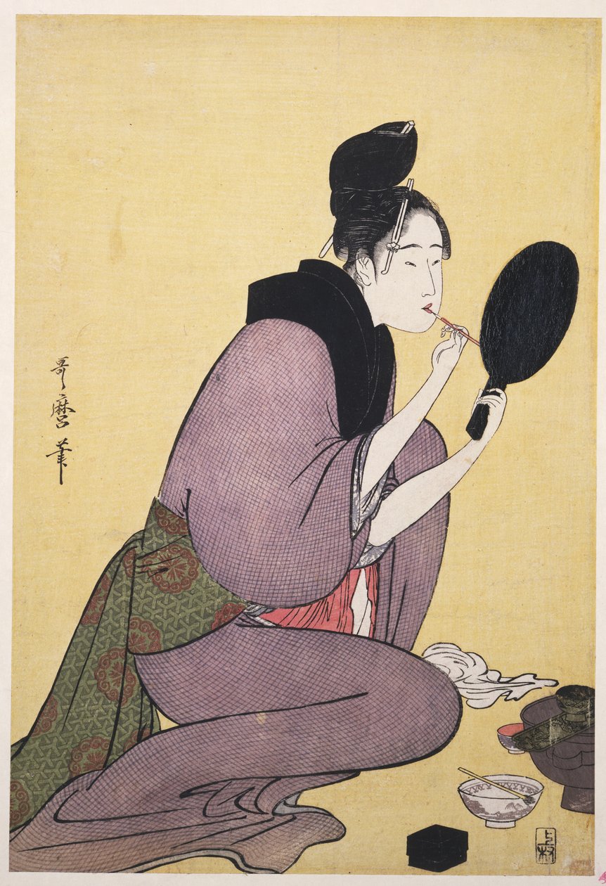 Joku pipo, maalaa huulet tekijältä Kitagawa Utamaro