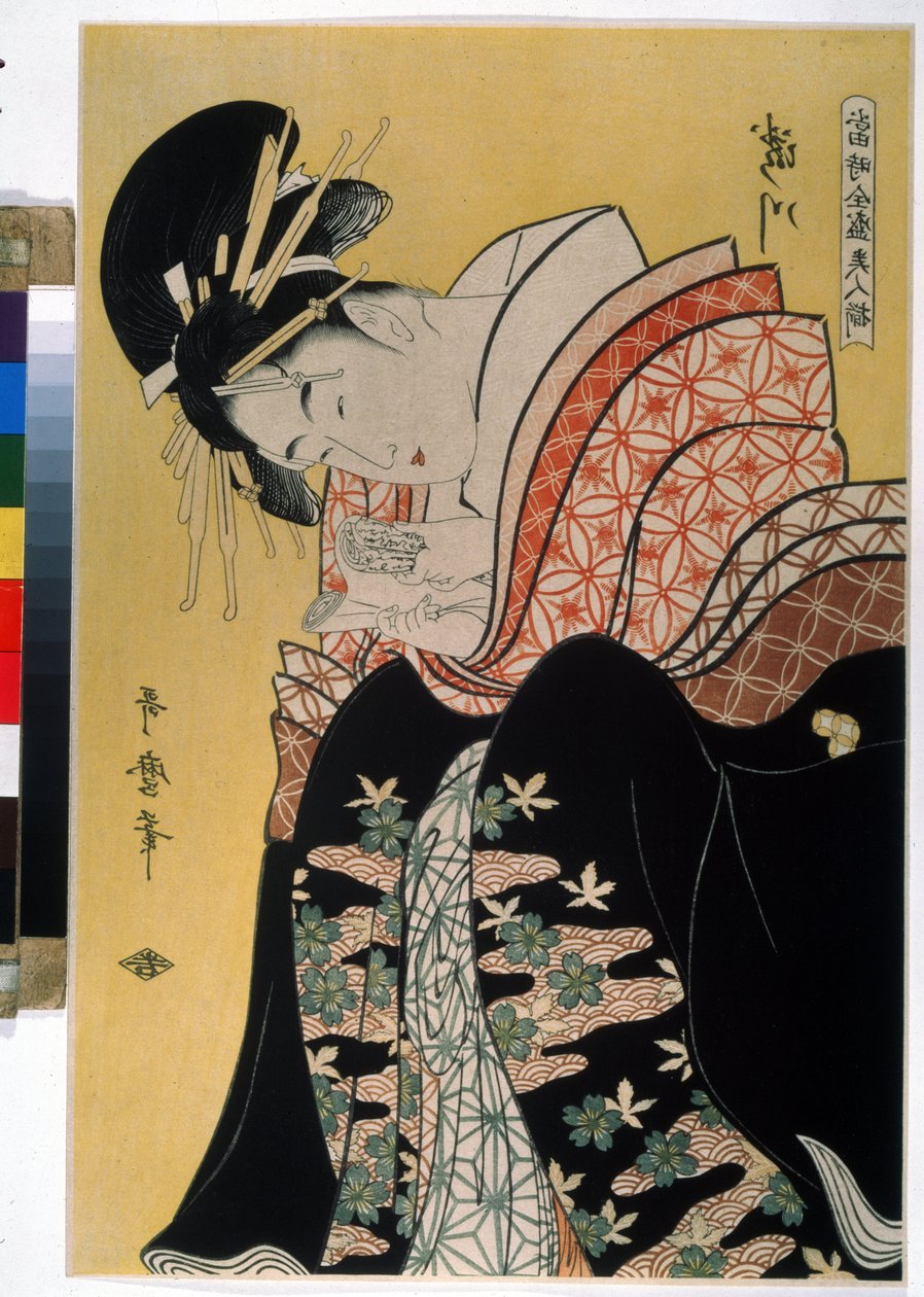 Kaunis Takigawa Ogi Tea Housesta. Sarjassa The Contemporary Beautiful Celebrities (aikamme kuuluisa kauneus). Piirustus Kitagawa Utamarosta (1754-1806). Vahva vesi tekijältä Kitagawa Utamaro