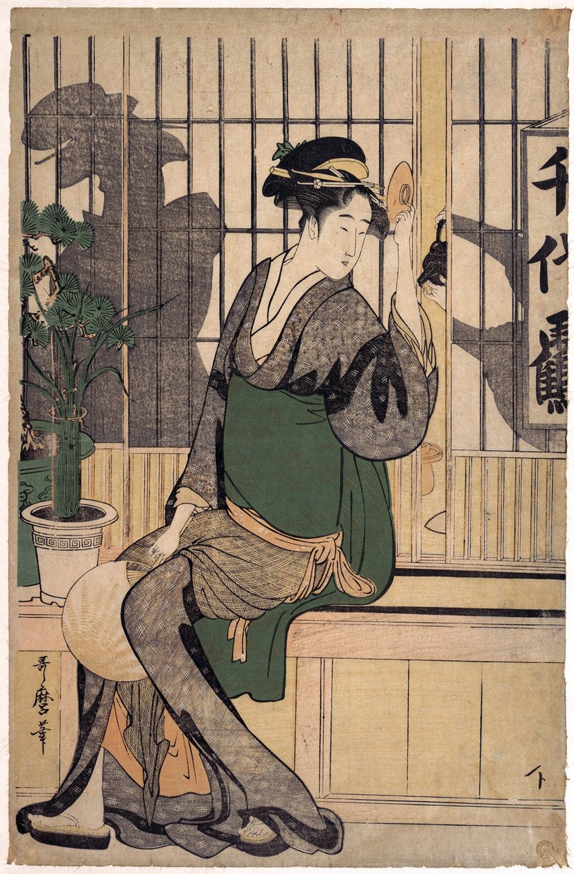 La maison de the Chiyozuru (varjot shojilla, paperiseinä) - Chiyozuru-teehuone (Shojin varjot), kirjoittanut Utamaro, Kitagawa (1753-1806) tekijältä Kitagawa Utamaro