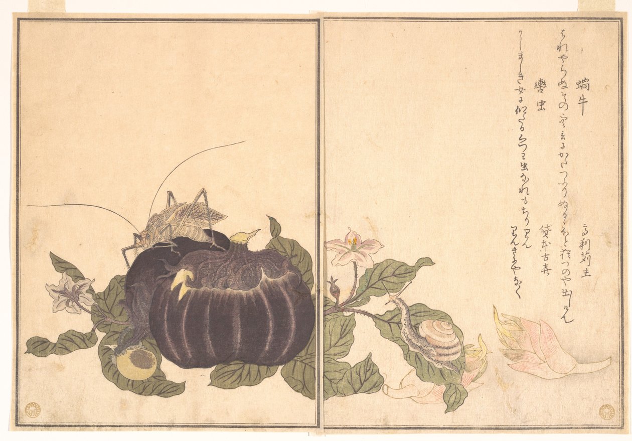 Maakotilo (Katatsumuri); jättiläissirkka (Kutsuwamushi), Ryömivien olentojen kuvakirjasta (Ehon mushi erami) tekijältä Kitagawa Utamaro