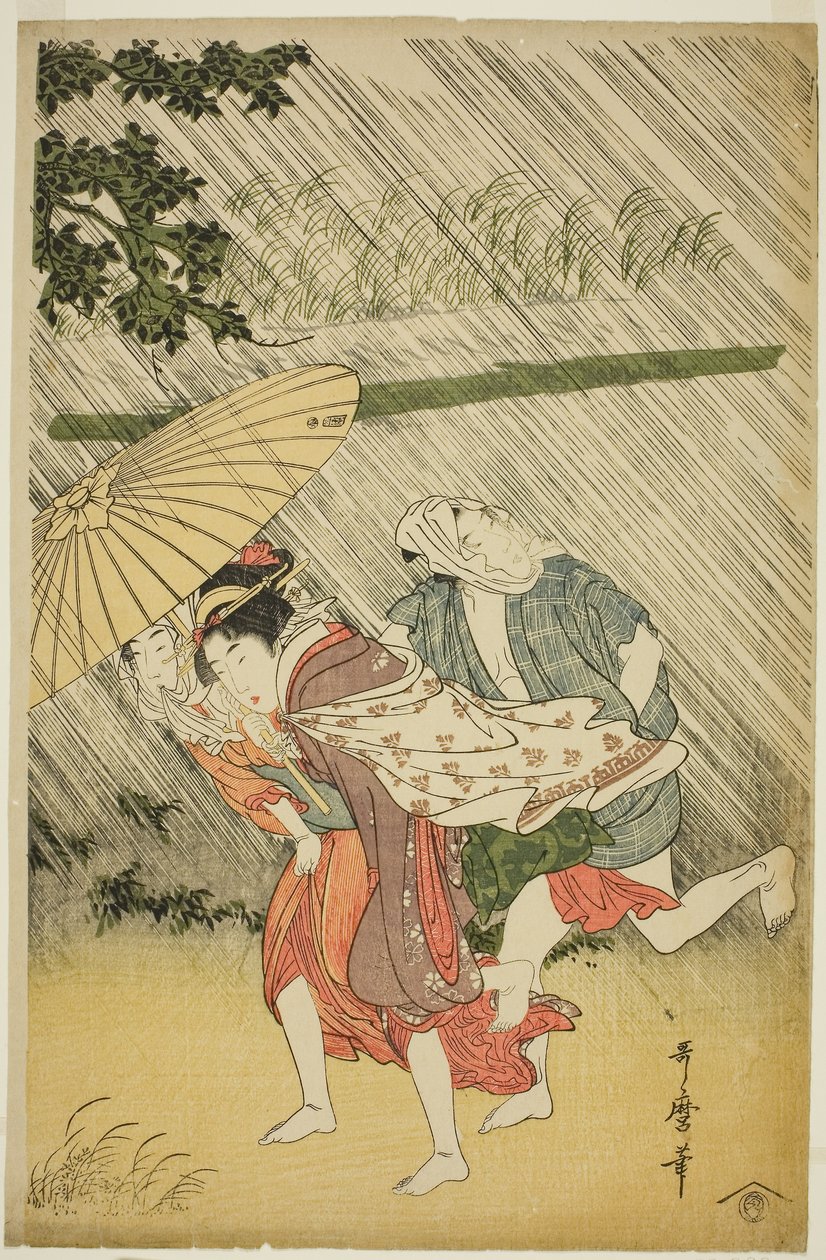 Rakastavaiset sateenvarjon alla, n. 1797 (värillinen puupainatus; oban) tekijältä Kitagawa Utamaro