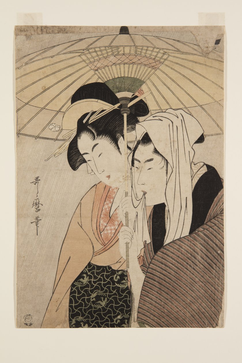 Mies ja nainen sateenvarjon alla (värillinen puupainatus) tekijältä Kitagawa Utamaro