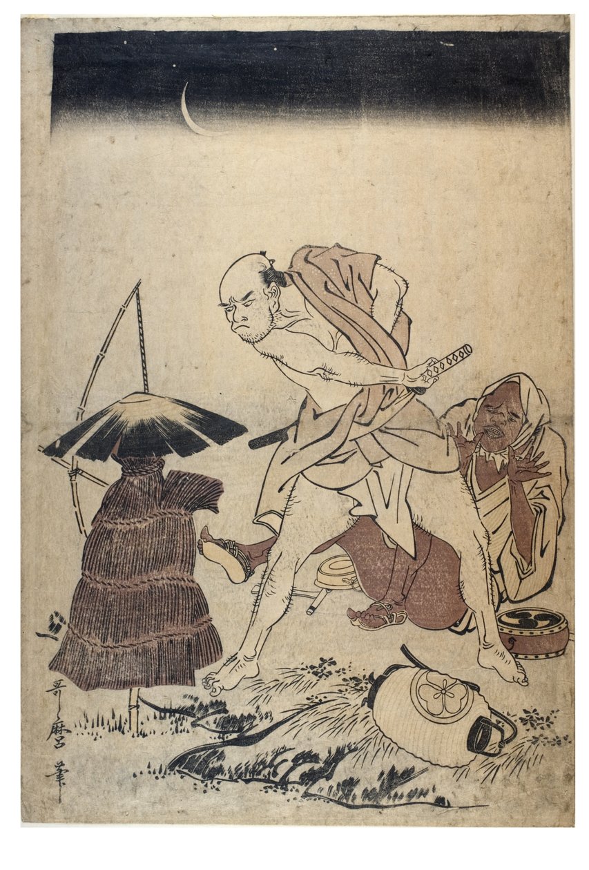Mies uhkailee variksenpelätintä pimeänä yönä, n. 1758-1806 (puupainatus ilman paperia) tekijältä Kitagawa Utamaro