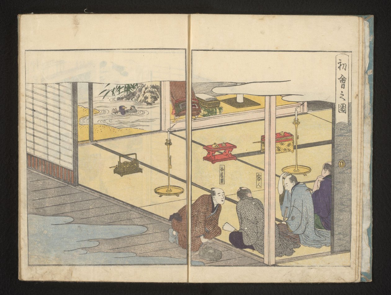 Miehet istuvat huoneessa tekijältä Kitagawa Utamaro