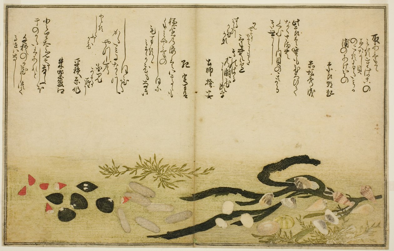 Minashi ulkona, suola ulkona, muotti ulkona, miso ulkona, jimmy ulkona, idea d chigusa ulkopuolella, vuoroveden tee st latte suojuslehdistä)" tekijältä Kitagawa Utamaro