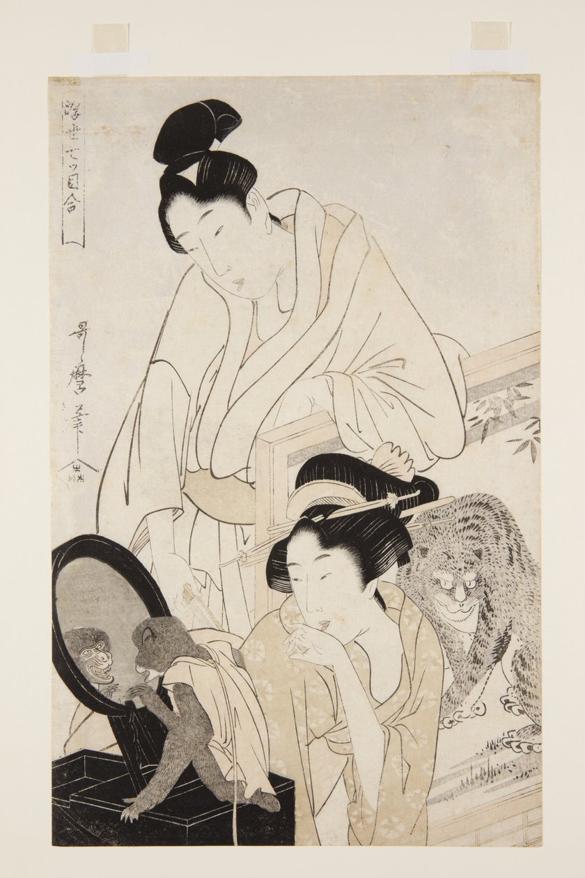 Apina ja tiikeri (värillinen puupalikkaprintti) tekijältä Kitagawa Utamaro
