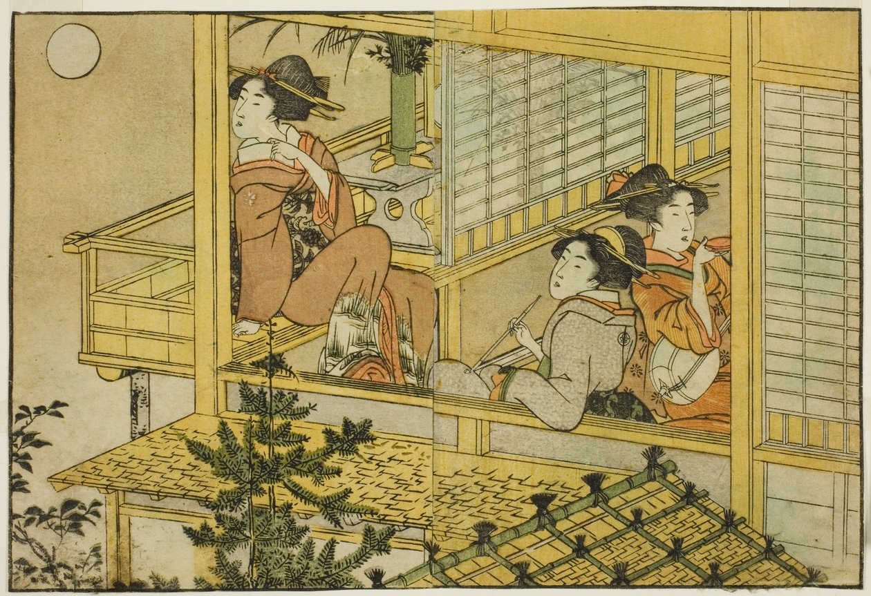 Moon-Viewing Party, kuvitetusta kirjasta "Picture Book: Flowers of the Four Seasons (Ehon shiki no hana)," voi. 2 tekijältä Kitagawa Utamaro