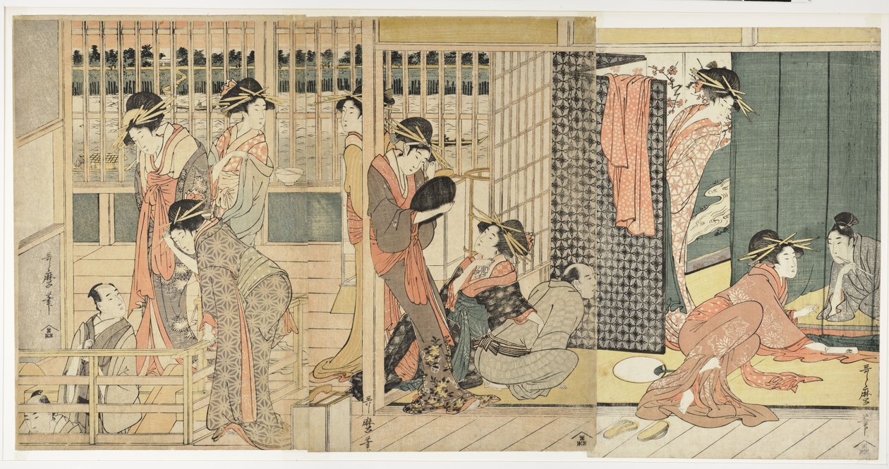 Aamuerot Pleasure Quarterin tilapäisessä majapaikassa, 1801 tekijältä Kitagawa Utamaro