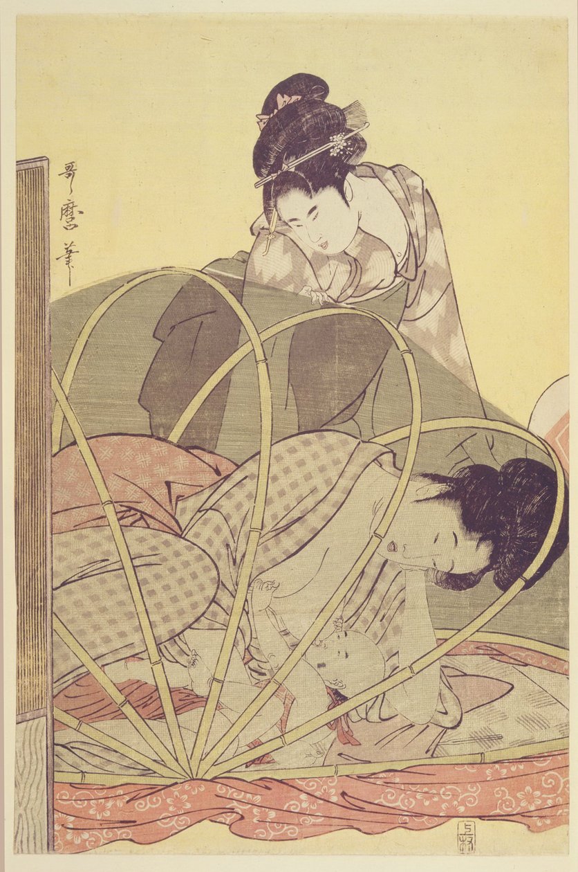 Äiti imettävä vauva hyttysverkon alla, n. 1795 tekijältä Kitagawa Utamaro