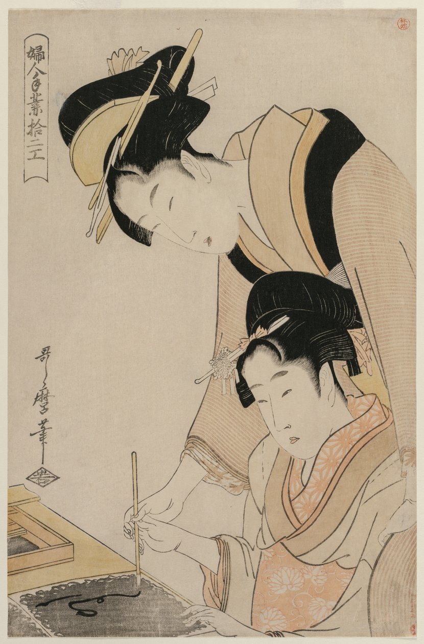 Äiti opettaa tyttärelleen kalligrafiaa sarjasta Kaksitoista naisten ammattia, n. 1798. tekijältä Kitagawa Utamaro