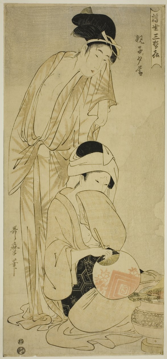 Äiti ja lapsi hämärässä (Oyako yugure), sarjasta "Kelluvan maailman kolmen illan ilo (Ukiyo san seki)" tekijältä Kitagawa Utamaro