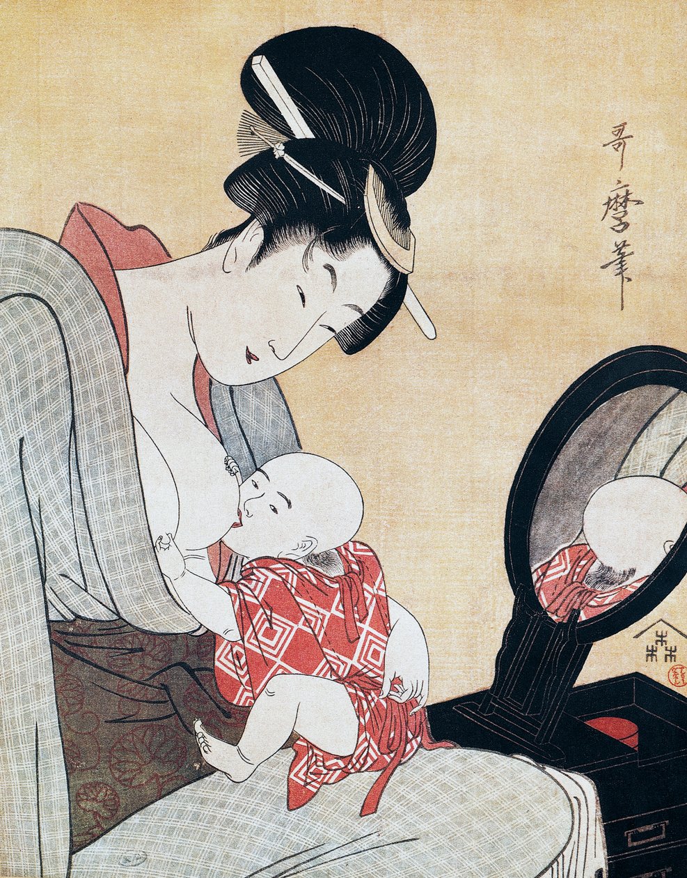 Äiti imettää poikaansa, Kitagawa Utamaron (1753-1806) ukiyo-e-taidevedos, puupiirros, japanilainen sivilisaatio, Edo-kausi tekijältä Kitagawa Utamaro