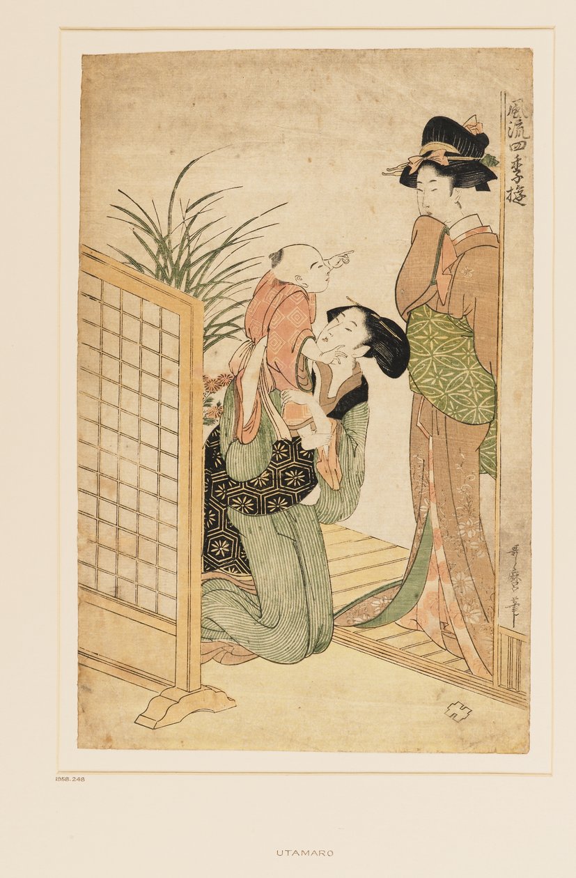 Äiti, lapsi ja sairaanhoitaja, n. 1790 (nishiki-e (multiblock) puupalikkaprintti) tekijältä Kitagawa Utamaro