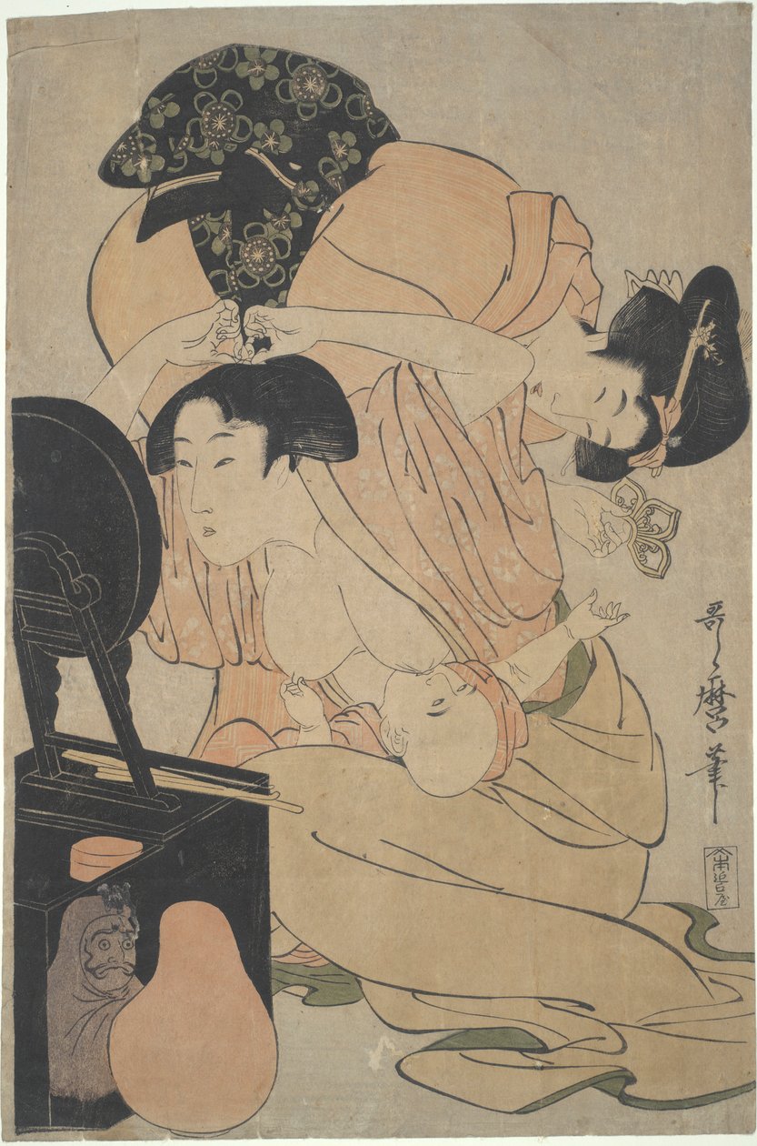 Äiti imettävän vauvan ja hoitajan kanssa tekijältä Kitagawa Utamaro