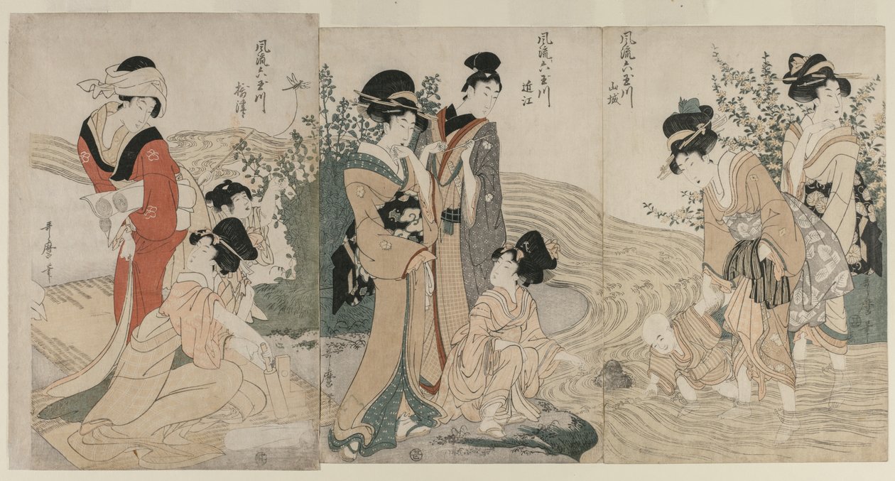 Musashi, Omi, Yamashiro, Idea d Settsu P Lovinse s Te Serie -sarjan Fasio na Be si x Jewe l Libersistä (No Furyu Tama River) tekijältä Kitagawa Utamaro