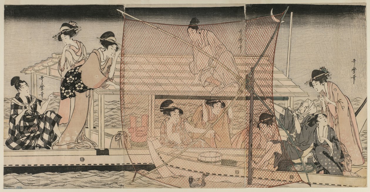 Verkkokalastus yöllä Sumidajoella, n. 1800. tekijältä Kitagawa Utamaro