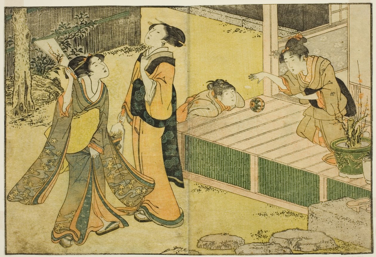 Uudenvuoden pelit Shuttlecock, Battledore ja Hand Ball, kuvitetusta kirjasta "Picture Book: Flowers of the Four Seasons (Ehon shiki no hana)," voi. 1 tekijältä Kitagawa Utamaro