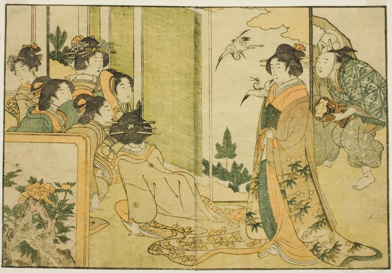Uudenvuoden manzai-esitys feodaalisen lordin kartanossa, kuvitettu kirja "Picture Book: Flowers of the Four Seasons (Ehon shiki no hana)", osa 1. tekijältä Kitagawa Utamaro