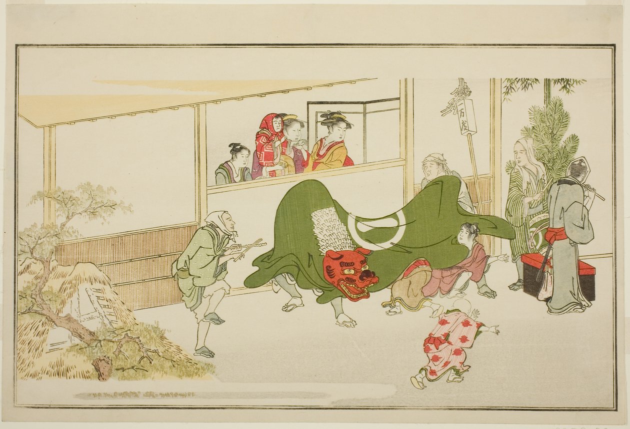 New Year Street-Performers, kuvitetusta kyoka-antologiasta "The Young God Ebisu (Waka Ebisu)" tekijältä Kitagawa Utamaro