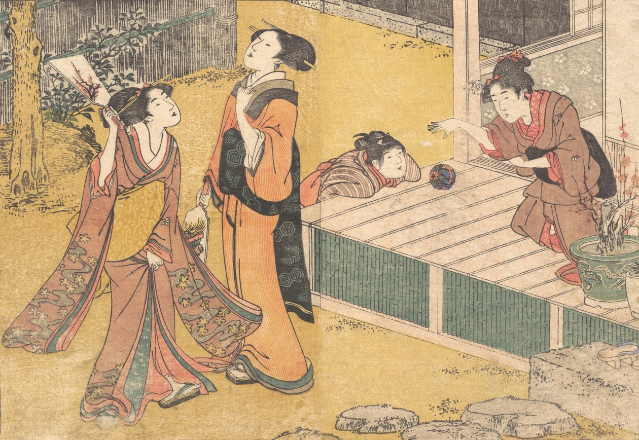 Uudenvuoden pelit painetusta kirjasta Flowers of the Four Seasons Shiki no hana, 1801. tekijältä Kitagawa Utamaro