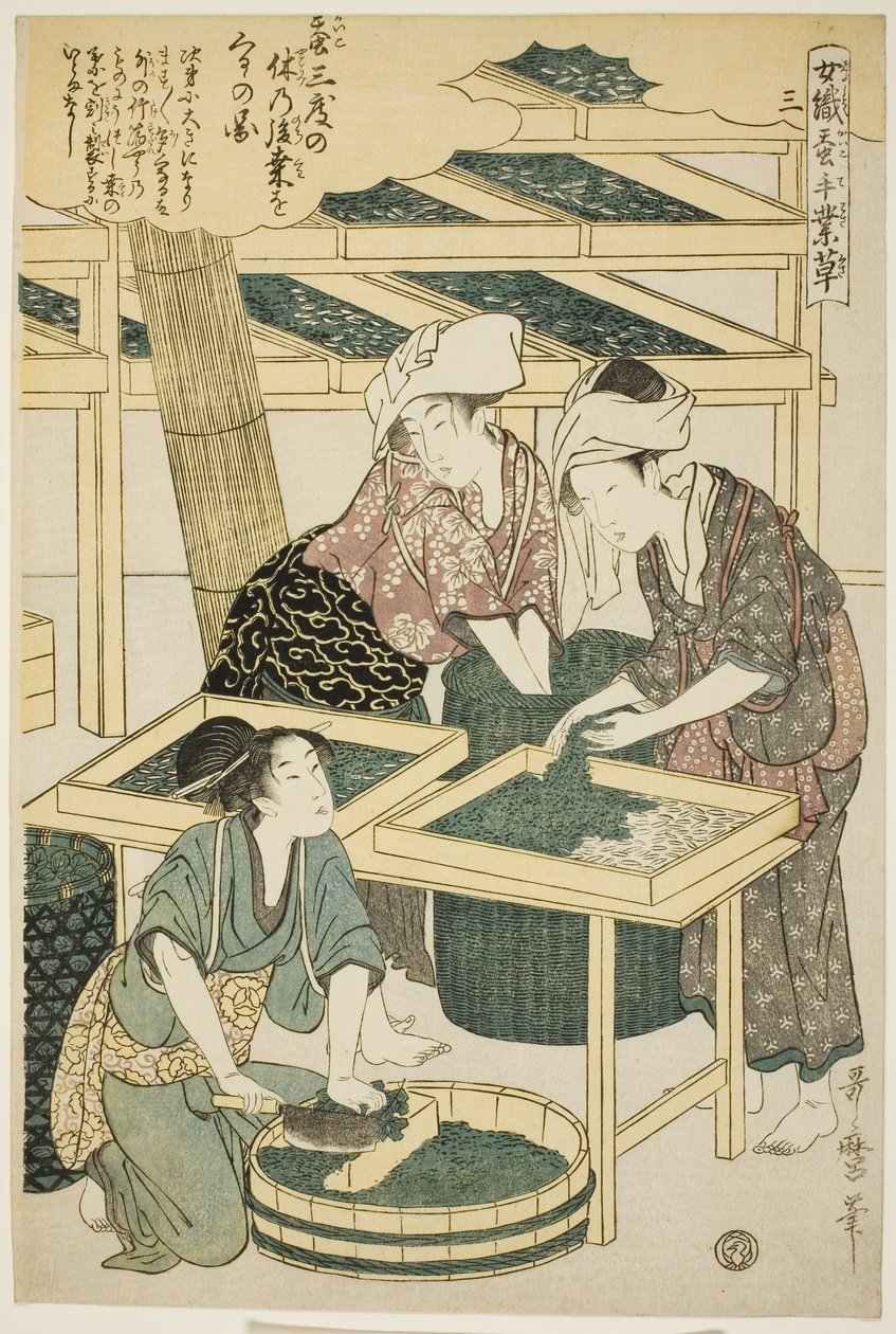 Nro 3 (san), sarjasta "Naiset, jotka harjoittavat maataloutta (Joshoku kaiko tewaza-gusa)" tekijältä Kitagawa Utamaro