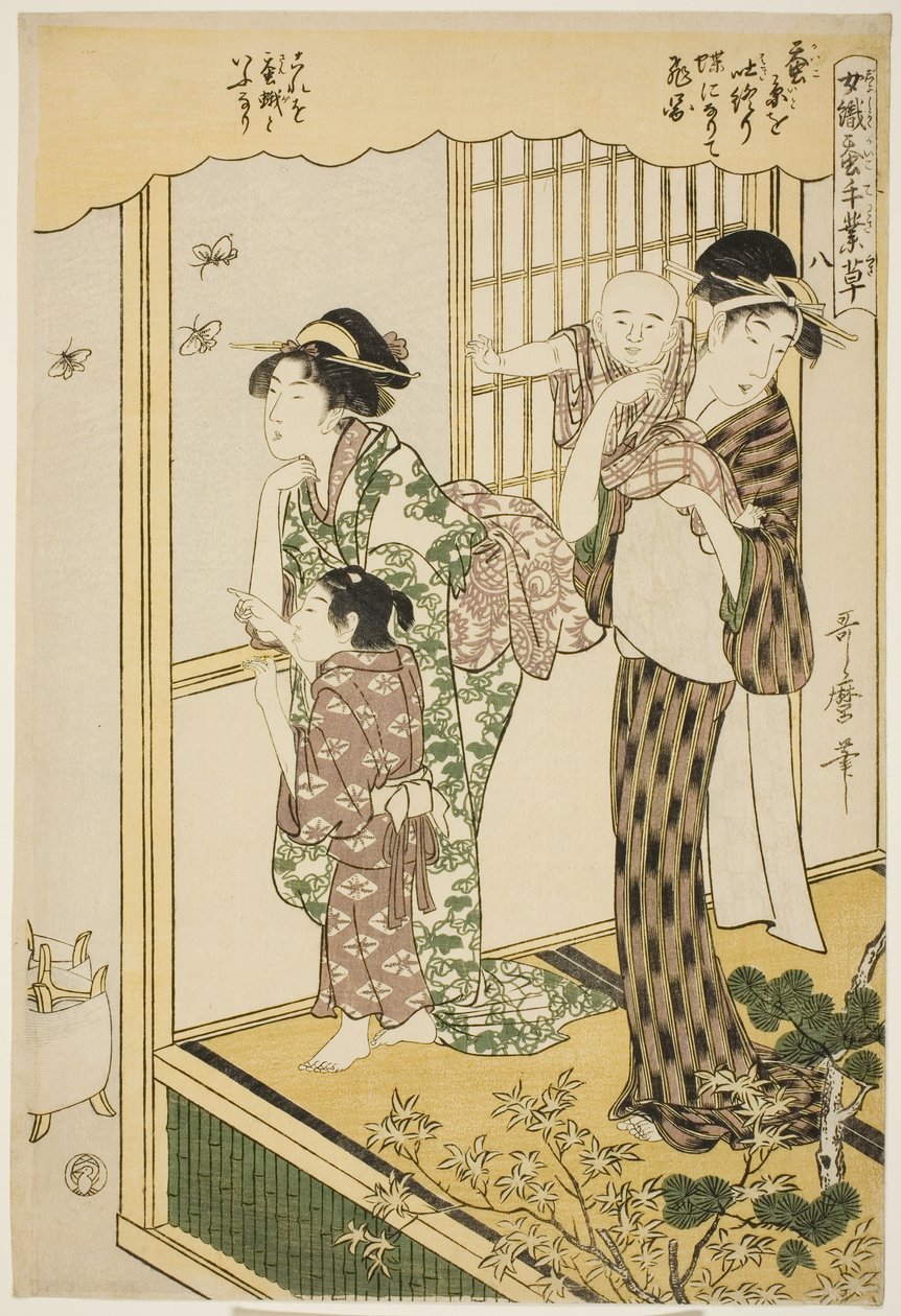 Nro 8 (hachi), sarjasta "Naiset, jotka harjoittavat maataloutta (Joshoku kaiko tewaza-gusa)" tekijältä Kitagawa Utamaro