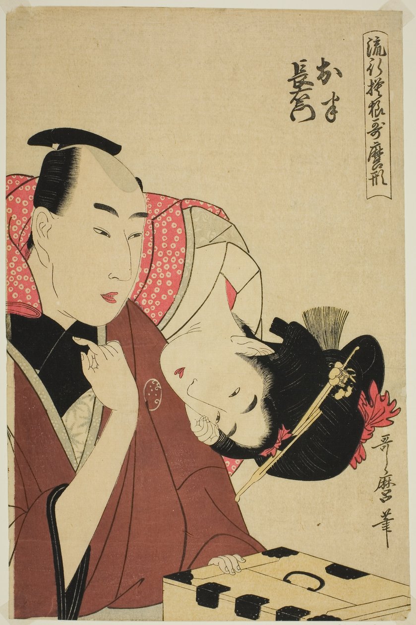 Ohan ja Choemon, sarjasta "Muodikkaita kuvioita Utamaron tyyliin (Ryuko moyo Utamaro-gata)", noin 1798-99 (värillinen puupiirros; oban). tekijältä Kitagawa Utamaro