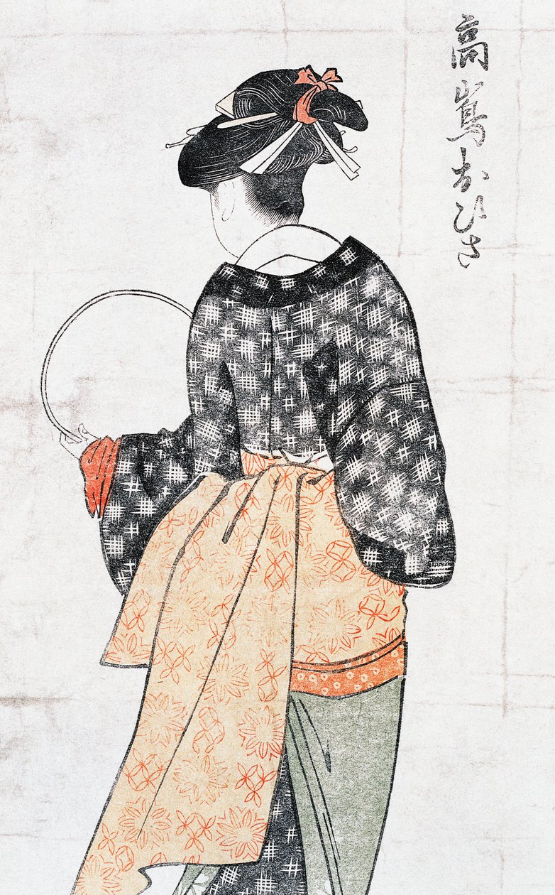 Ohisa Thea Housesta, Kimono tuulettimen kanssa, Kitagawa Utamaron (1753-1806) Ukiyo-e, Wod Ward, Japa Nese Shivi Zachion, Edo Perio d tekijältä Kitagawa Utamaro