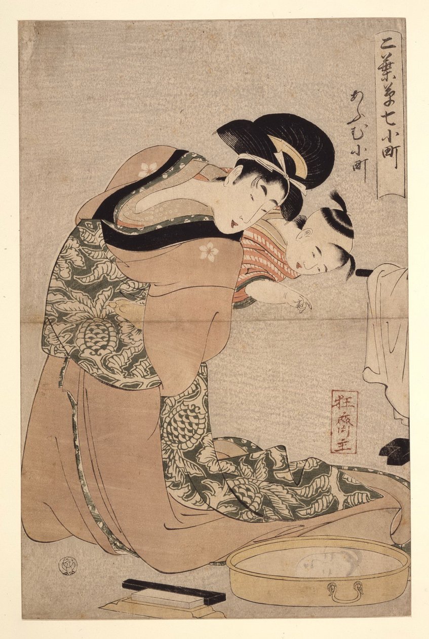 Omu Komachi Parrot Komachi, sarjasta Seven Komachi of the Pleasure Quarters, n. 1802 tekijältä Kitagawa Utamaro