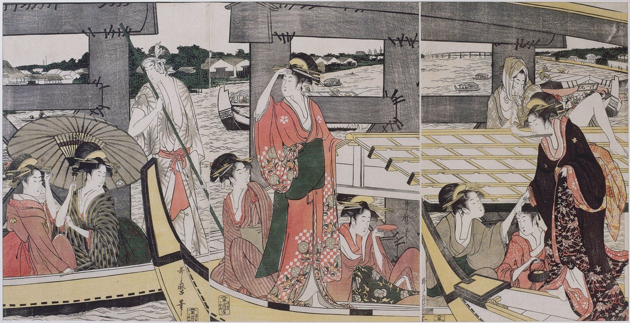 Ryogoku-sillan päällä ja alla, n. 1796 tekijältä Kitagawa Utamaro