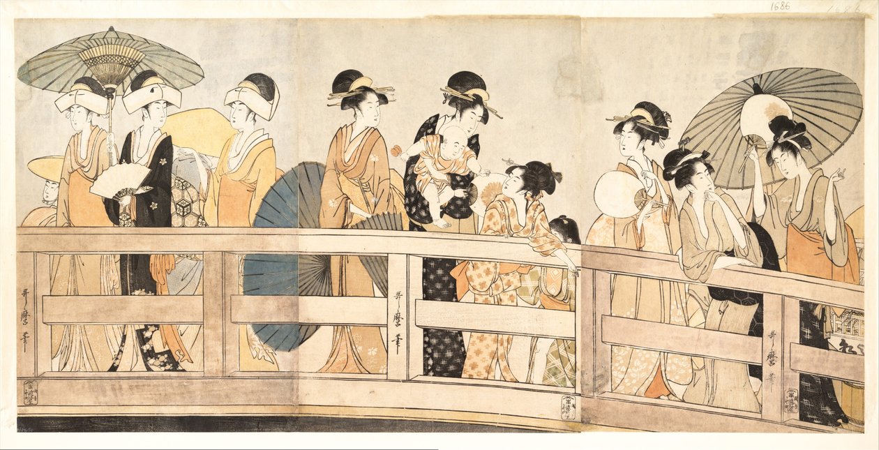 Ryogoku-sillan päällä ja alla, n. 1800 tekijältä Kitagawa Utamaro