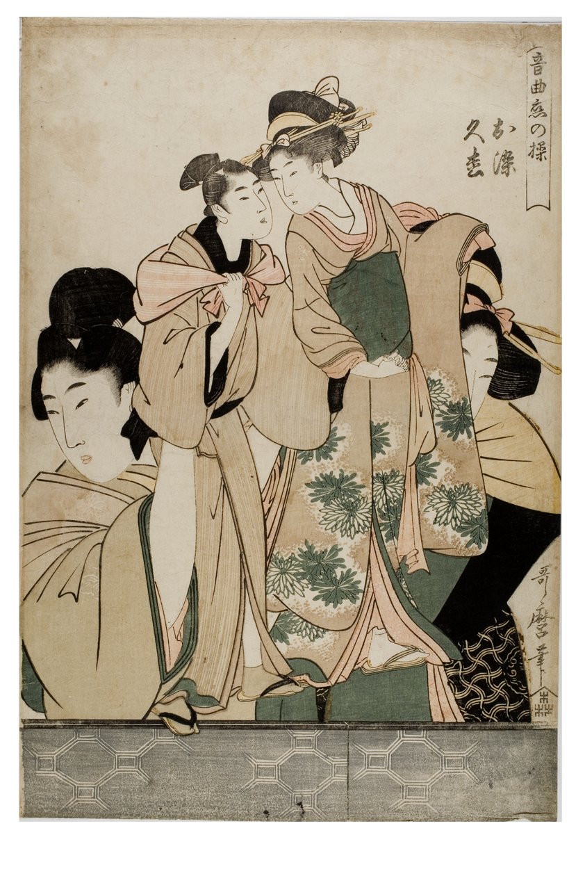 Osome ja Hisamatsu sarjasta Manipulations of Love with Musical Companiment, n. 1755-1806 (puupalikka paperilla) tekijältä Kitagawa Utamaro