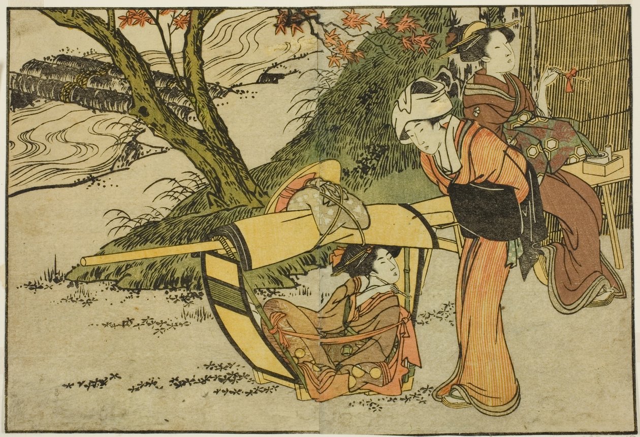 Retki katsomaan vaahteroita syksyllä, kuvitetusta kirjasta "Picture Book: Flowers of the Four Seasons (Ehon shiki no hana)," voi. 2 tekijältä Kitagawa Utamaro
