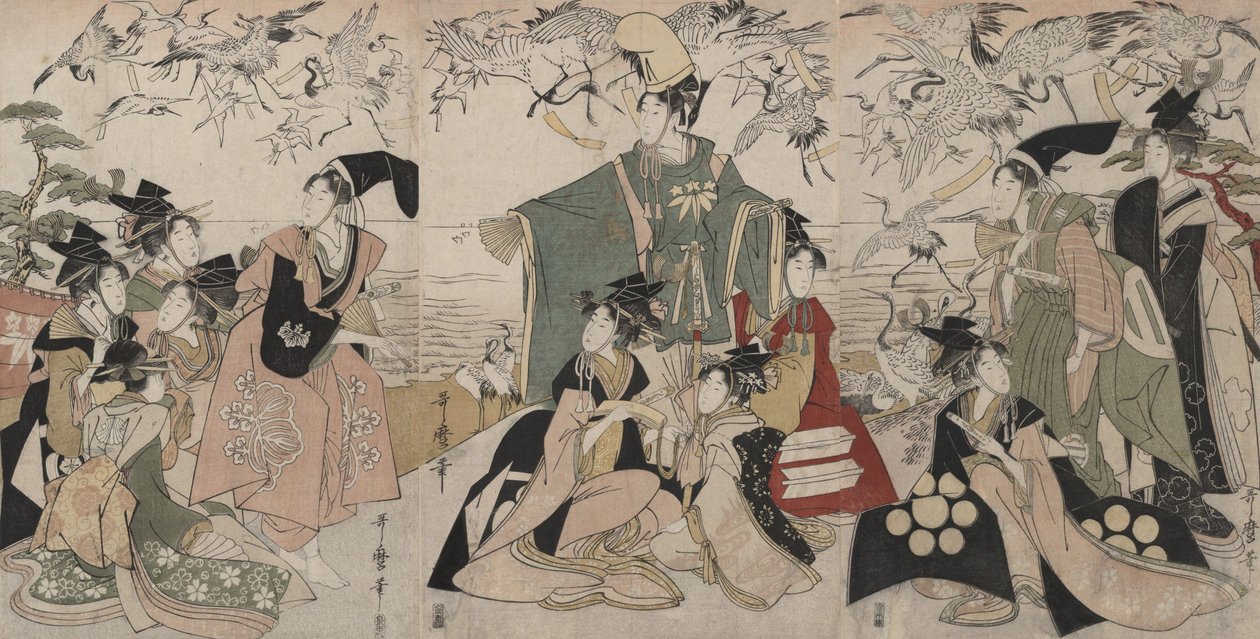 Parodia teoksesta ”Yoritomo vapauttaa kurkia” (Mitate Yoritomo hōkaku) tekijältä Kitagawa Utamaro