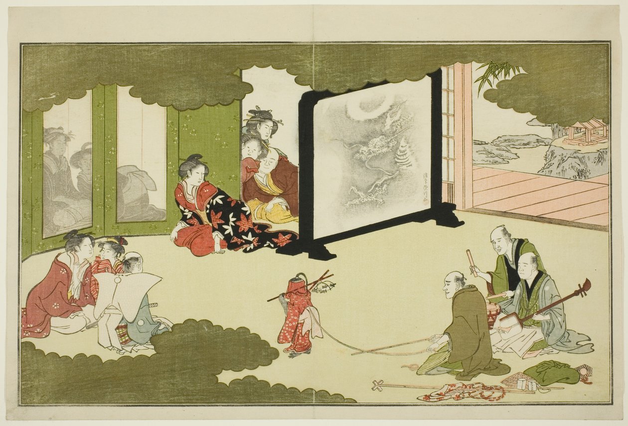 Koulutetun apinan esitys kuvitetusta runokokoelmasta nimeltä "The Young God Ebisu (Waka Ebisu)" tekijältä Kitagawa Utamaro
