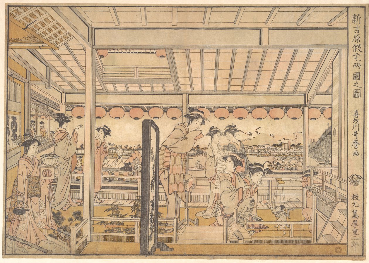 Kuva Ryōgokussa sijaitsevan uuden Yoshiwara-viihdealueen väliaikaisista majoitustiloista  (Shin Yoshiwara Karitaku Ryogoku no zu) tekijältä Kitagawa Utamaro