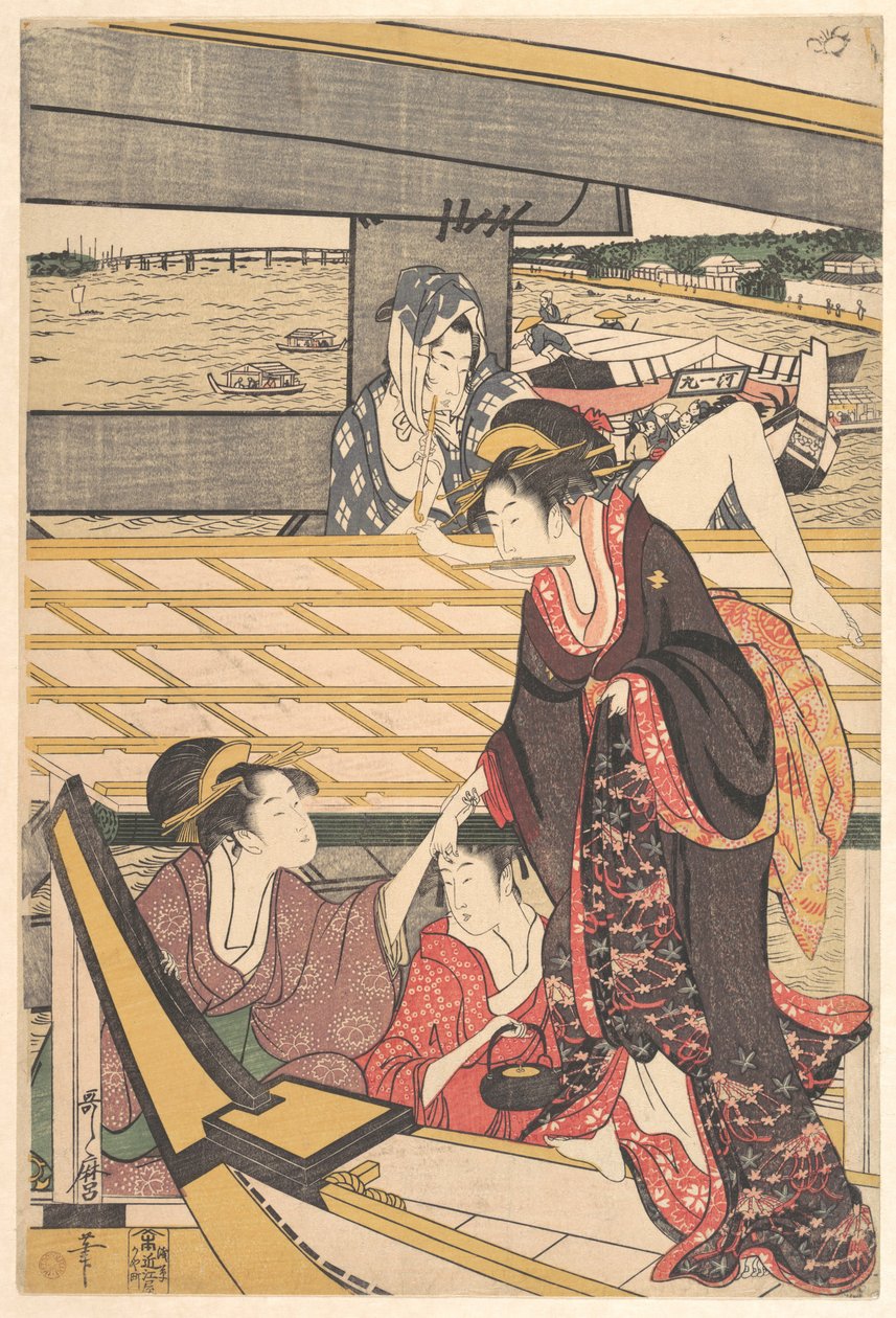 Huviseurueita veneissä Sumidajoella Ryōgokun sillan alla tekijältä Kitagawa Utamaro